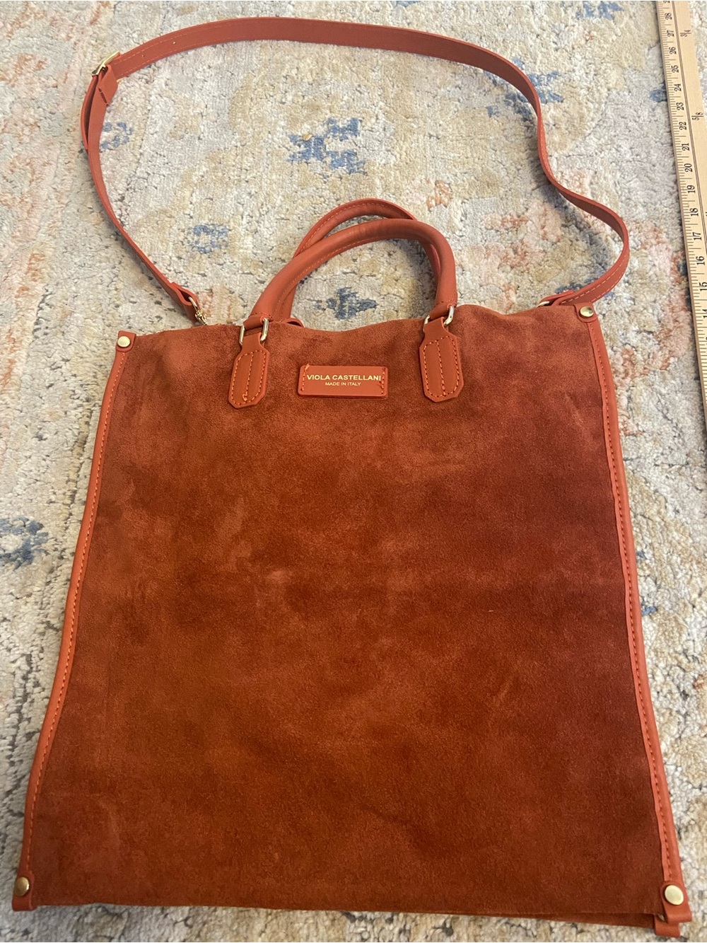 Viola Castellani Suede Tote Bag in burnt orange double pocket